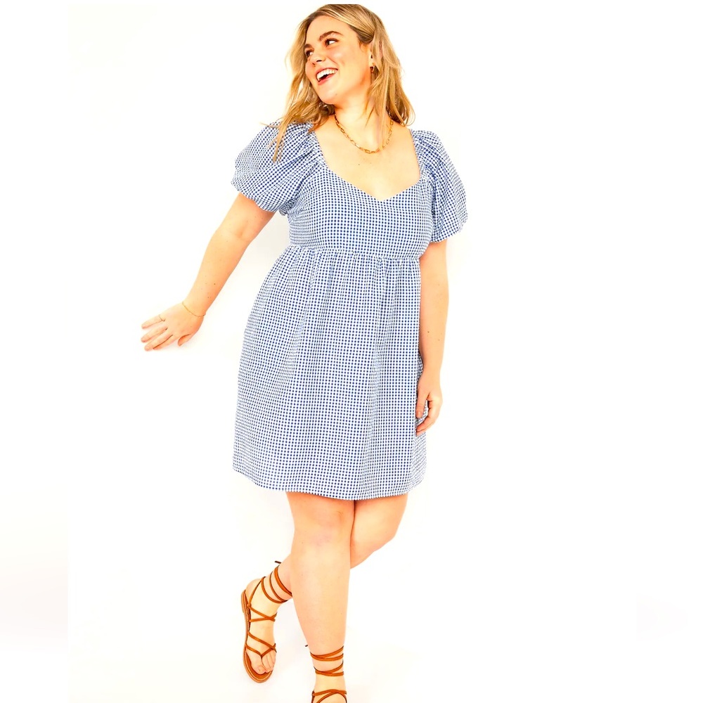 NWOT Old Navy Fit & Flare Blue Gingham Seersucker Mini Dress w/ Puff Sleeves 3X